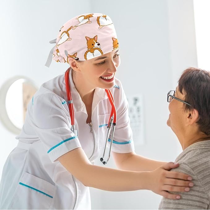 Ethnic Aztec Pattern Adjustable Scrub Cap Hat with Button, Working Hat Sweatband with Bow Hair Scrunchy for Woman