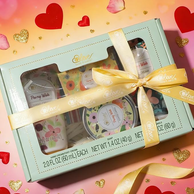 BODY & EARTH # LOVE Hand Cream Gifts Set for Women,Mothers Day Gifts Set,Peony Wish Skin Care Sets with Hand Foot Cream,Soap,Scented Candle,Teachers Appreciation Gift Nurse,Birthday Gift for Women