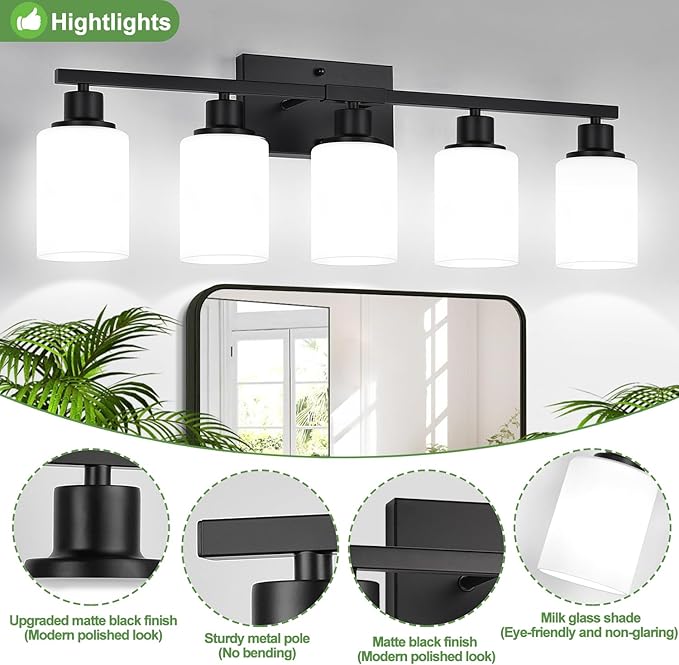Indoi 5-Light Black Bathroom Vanity Light Fixture with Milky White Frosted Glass Shades, Bathroom Light Fixture for Mirror, Matte Finish, Reversible Up/Down Lighting for Bedroom, Living Room, Hallway