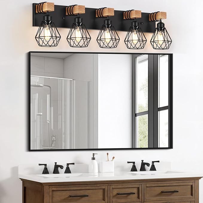 FadimiKoo 5-Light Farmhouse Wood Wall Sconces Lighting, Black Vanity Lights Over Mirror with Metal Cage Lampshade, Rustic Bathroom Wall Mounted Lamp for Mirror, Living Room, Bedroom, Hallway