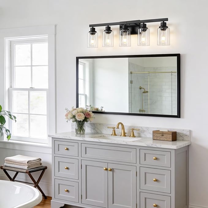 5-Light Black Bathroom Vanity Light, Modern Vanity Lighting Fixture for Bathroom, 31" Matte Light Fixture, Wall Sconces with Clear Glass Shade, Black Bathroom Wall Light Over Mirror
