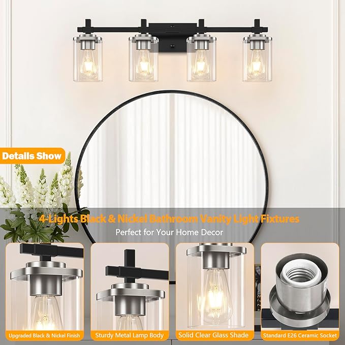 4-Lights Black and Brushed Nickel Vanity Lights with Clear Glass Shade, Bathroom Wall Light Fixtures, 30.3 Inch Large Vanity Lighting Fixture for Bathroom Mirror Living Room ﻿