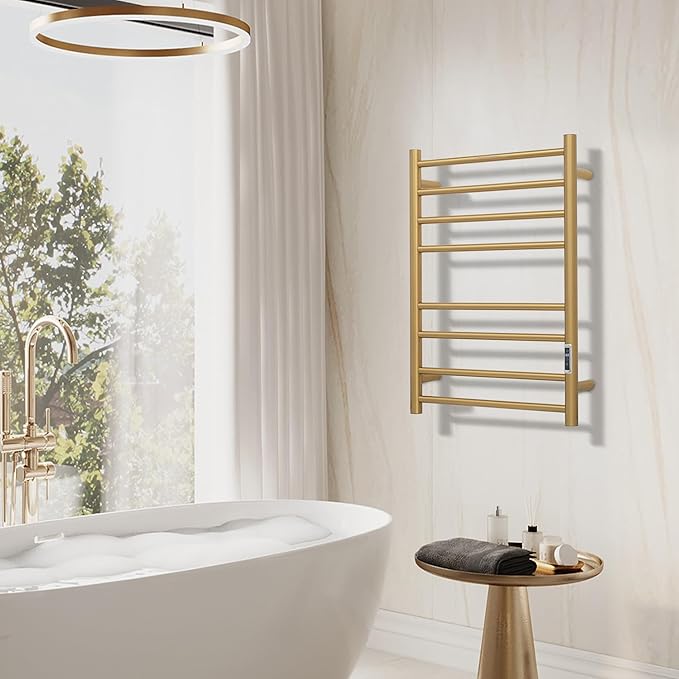 Electric Heated Towel Warmer - Wall Mounted Bathroom Towel Rack, Plug-in Design & Gold Brushed Stainless Steel Finish 8 Bar Gold with Timer & Temperature Control
