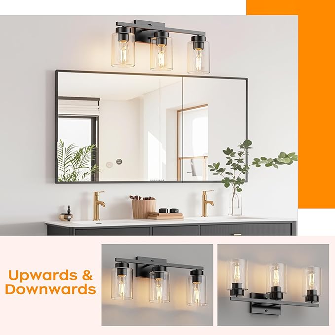 PARTPHONER 3-Light Bathroom Light Fixtures, Matte Black Vanity Light with Clear Glass Shade, Modern Wall Sconce for Mirror Bedroom Living Room Hallway Lighting
