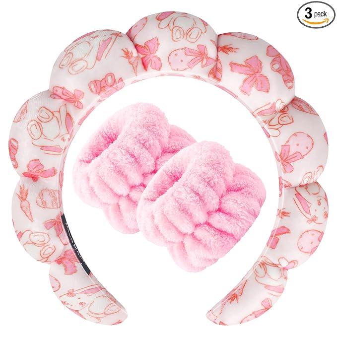 Zkptops Spa Headband for Washing Face Wristband Set Sponge Makeup Skincare Velvet Fabric Bubble Soft Get Ready Hairbands for Women Puffy Headwear Non Slip Thick Thin Hair Accessory(Pink Bow)