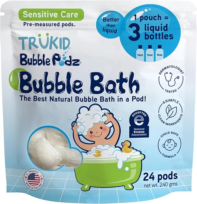TruKid Bubble Podz Bubble Bath for Kids, Toddlers, & Babies, NEA-Accepted for Eczema, Gentle Refreshing Colloidal Oatmeal Bath Bomb for Sensitive Skin, pH Balanced, Tear Free, Unscented (24 Podz)