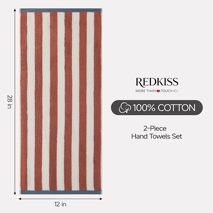 REDKISS 2-Pack Luxury Hand Towels for Bathroom - 12 x 28 Inches 100% Cotton Striped Hand Towels, Ultra Soft and Highly Absorbent Towel for Bath, Gym, Hotel, Kitchen and Spa, Brown