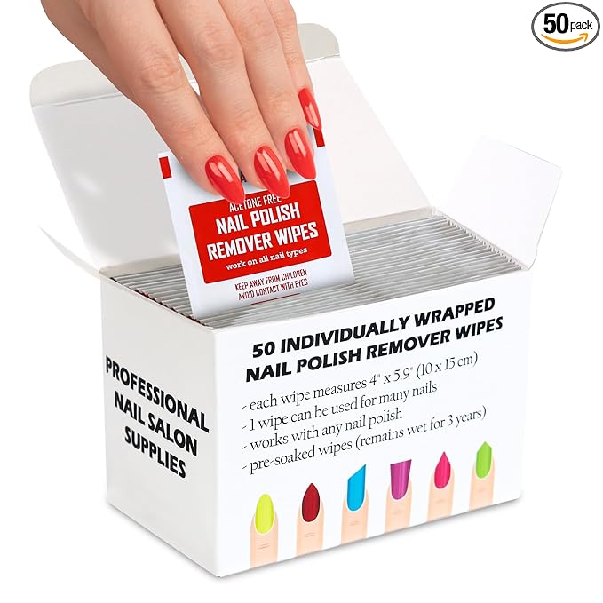 Nail Polish Remover Pads - 100% Non-Acetone - 50 Pack Bulk Set - Individually Wrapped - Quick Nail Polish Remover Wipes - Fingernail Travel Kit to Clear Nail Polish for Home & Professional Removal