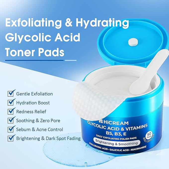 Hicream Glycolic Acid Pads, Dual-Textured Facial Exfoliating Toner for Pore Care & Skin Radiance, Deep Cleansing Peel with Niacinamide, Salicylic Acid & Vitamins E, B3, B5 (50 Pads)