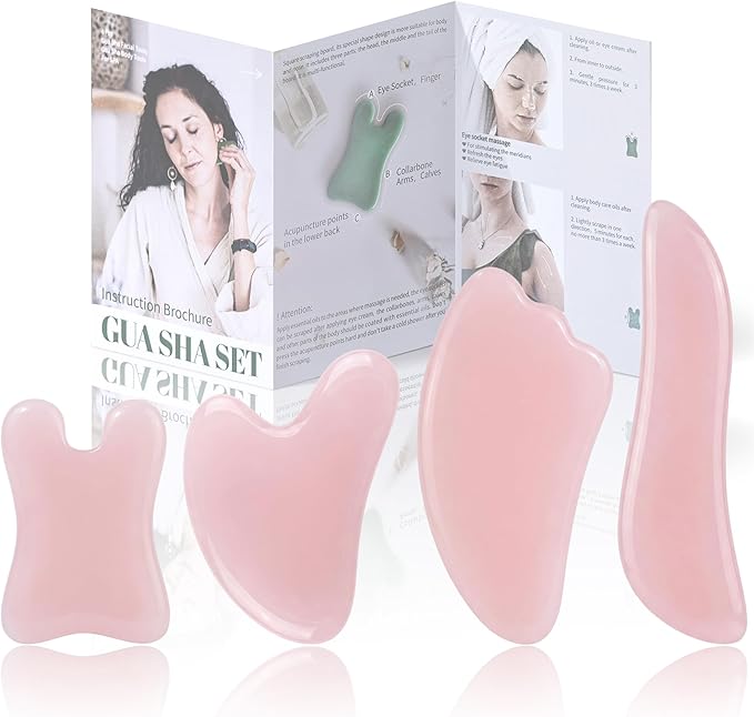 Rena Chris Guasha Massage Tool, 4 pcs Gua Sha Facial Tool, Guasha Board for SPA Acupuncture Therapy Trigger Point Treatment, Gua Sha Scraping Massage Tool (Pink)