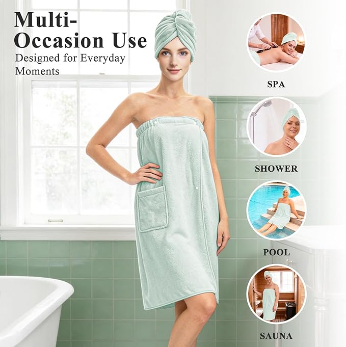 Women’s Adjustable Spa Wrap Towel Set, Microfiber Body Wrap Bathrobe with Matching Hair Towel, Super Absorbent & Quick Dry Shower Wrap for Home, Gym, Pool – Light Green(Light Green)