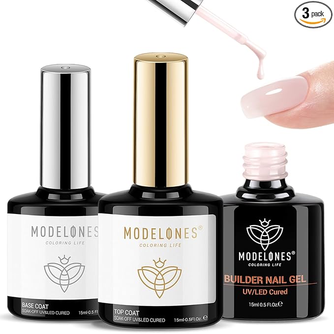 modelones Top Coat with Builder Nail Gel, Nude Pink Color Builder Top Nail Kit for Apex Building Thickening Extension, LED Lamp Cured Color Base Shine Finish Top Coat 10ml Home DIY Salon