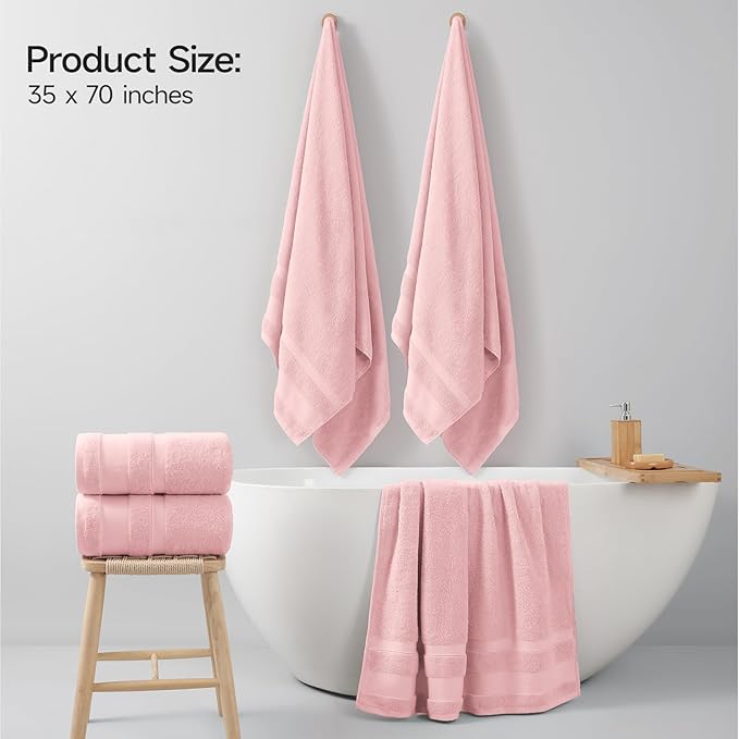REDKISS 100% Cotton Bath Towels Set of 2, Extra Large Bath Sheets 35 X 70 Inches, Super Soft, Highly Absorbent & Quick Dry Shower Towels for Bathroom, Gym, Spa, Pool & Hotel, Pink