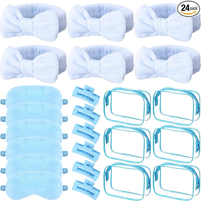 Hoteam 24 Pcs Spa Party Favors Supplies 6 Spa Headband 6 Plush Sleep Eye Mask 6 Hair Claw Clips 6 Clear Cosmetic Bags for Adult Sleepover Slumber Party Graduation Gift(Blue)