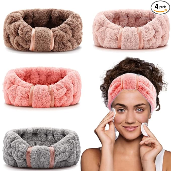 4 Pack Microfiber Towel Headbands for Washing Face, Spa & Skincare for Women (Coffee, Flesh Pink, Grey, Bright Red)