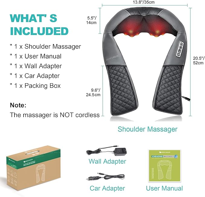 Medcursor Neck Massager, Portable Electric Shiatsu Back Massage Device with Heat, Deep Tissue 3D Kneading Pillow for Muscle Pain Relief, Mother’s Day Gift (No Battery)