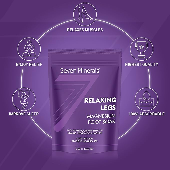 Seven Minerals Relaxing Legs Magnesium Chloride Flakes 3lb – Absorbs Better Than Epsom Salt - Unique Foot Soak Formula for Tired Legs and Leg Cramps - with Orange, Cedarwood & Lavender