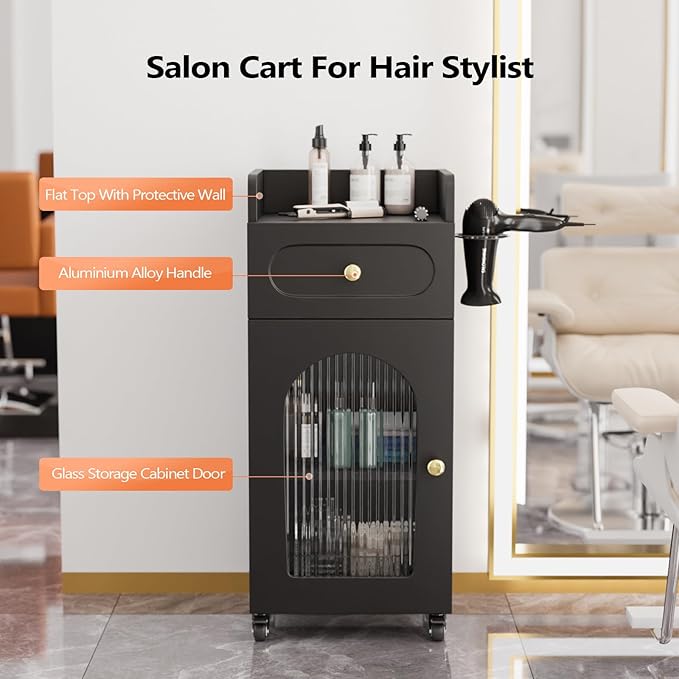 OmySalon Salon Cart with Wheels, 3-Tier Rolling Beauty Cart with Glass Door & Dryer Holder, Mobile Hair Styling Station for Barber, Spa, Esthetician, Nail & Tattoo Artists, Lockable Storage, Black