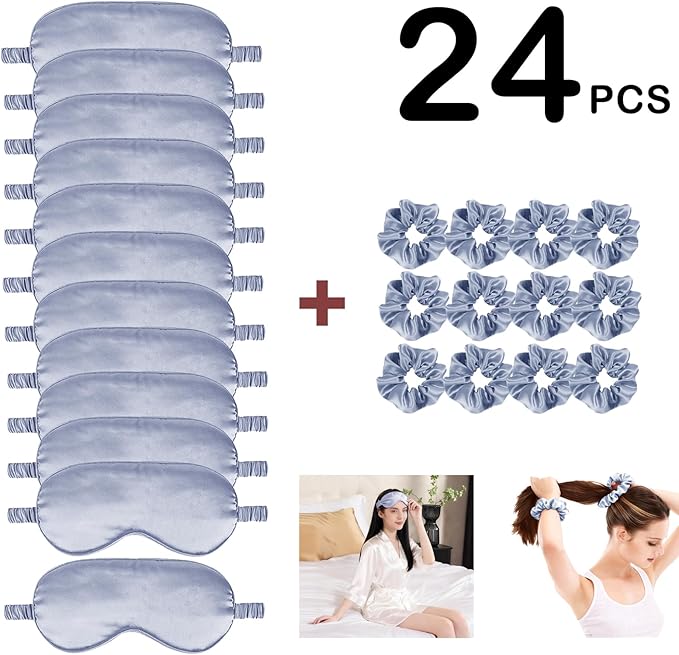 24Pcs Satin Eye Mask Silk Sleep Masks Silky Eyes Cover Blackout Blindfold Eyeshade Scrunchies Hair Ties Travel Wedding Gift