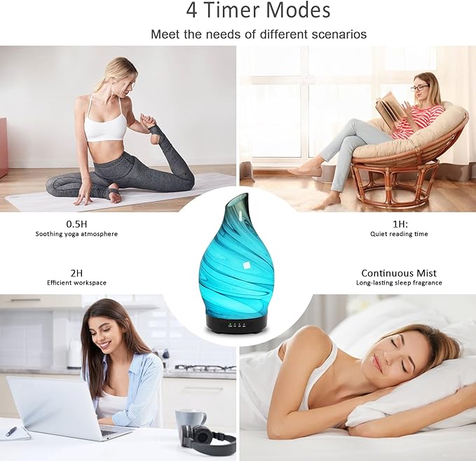 Essential Oil Diffuser 150ML, Glass Aromatherapy Diffuser with 4 Timer Settings & 7 Color Changing Lights, Waterless Auto Shut-Off, Ultra Quiet Oil Diffuser for Home, Office, Yoga, Spa and Sleeping