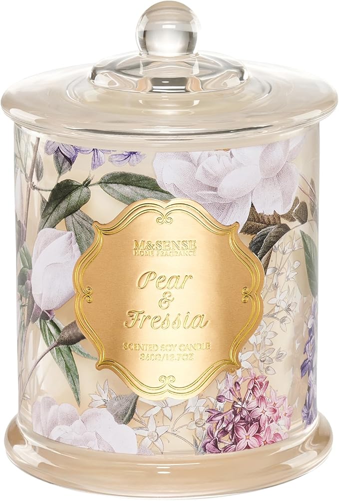 M&SENSE Pear Freesia Spring Natural Soy Wax Candle, 12.7oz 75H Large Jar Slow Burning, Stress Relief Aromatherapy, Romantic Perfect Present for Mom Her