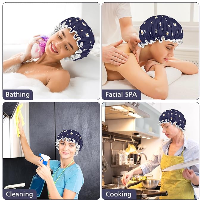 Waterproof Shower Caps for Women, Pattern And Solid Color Dual-Layer Design For Dual-Layer Usable, Protects Hair In Shower, Cooking, Spa, Clean & Travel (Daisy Blue)