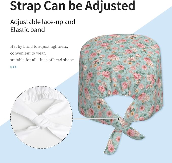 Scrub Cap for Women and Men Boho Black Leaf Pattern Adjustable Breathable Sweatband Hat for Work Kitchen Spa Shower Daily Use