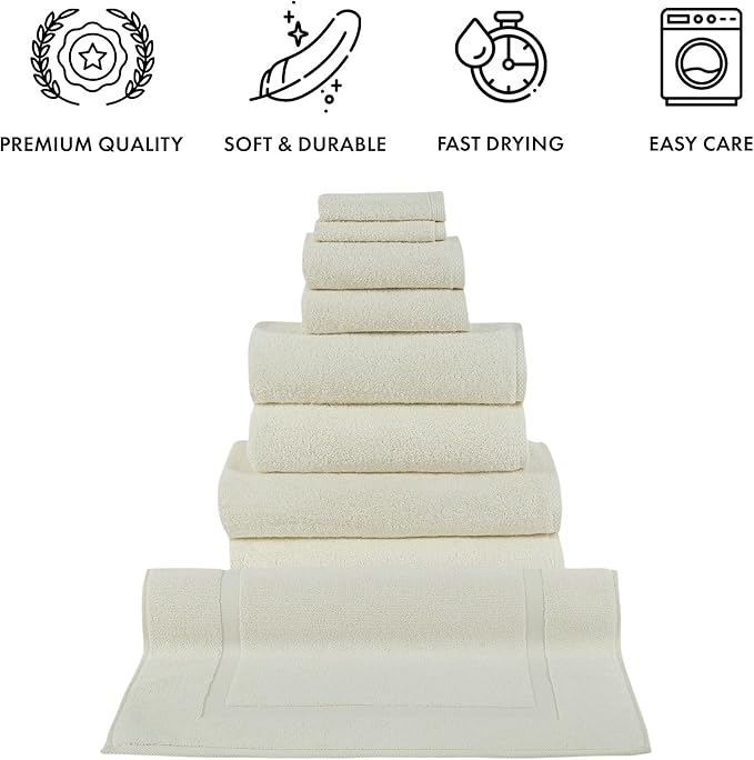 Classic Turkish Towels CTT - 9 Piece Premium Towel Set, 100% Turkish Cotton, Highly Absorbent & Comfy, Includes 2 Bath Towels, 2 Hand Towels, 2 Washcloths, 2 Bath Sheets & 1 Bath Mat | (Ivory)