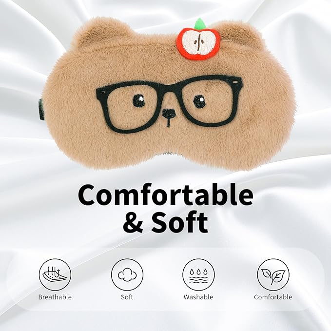 PERFECTSIGHT Sleep Eye Masks, Cute Plush Sleep Eye Cover Lightweight Adjustable Eyeshade Faux Fur Mask Cover for Women Kids Girl Sleep Travel Nap, Glasses Bear