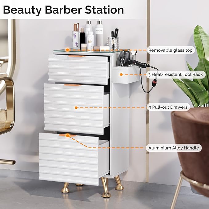 Professional Salon Station with Tempered Glass Top, 3 Drawers Hair Stylist & Barber Storage Cabinet with Heat Resistant Tool Holders, Beauty Spa & Home Organizer, White