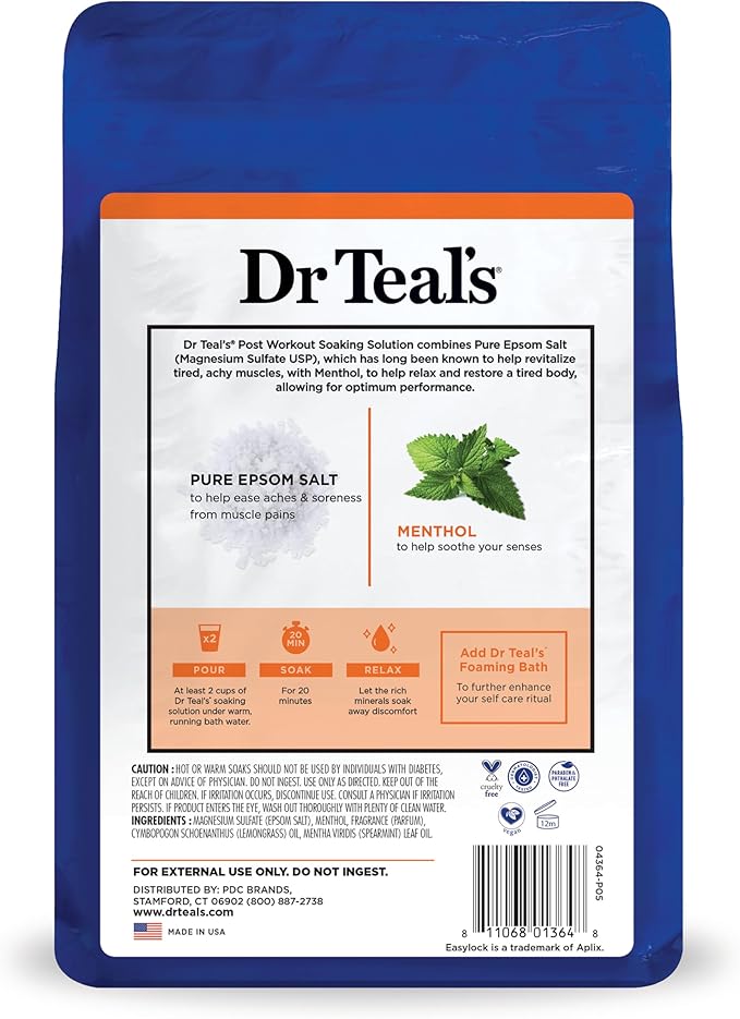 Dr Teal's Epsom Salt Magnesium Soak, Pre & Post Workout with Menthol & Essential Oils, 3 lbs