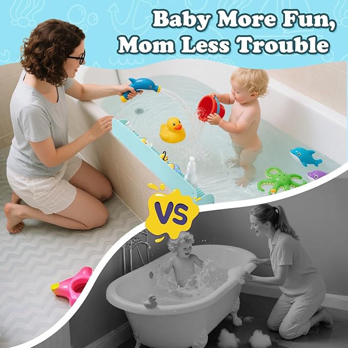 AGPTEK 24 Inch Bathtub Splash Guard with 10 Suction Cups, Silicone Tub Water Splash Guard for Bathtub, Bath Toy Tray Holder Play Shelf for Kids, Universal for Bathroom, Kitchen Sink (Green)