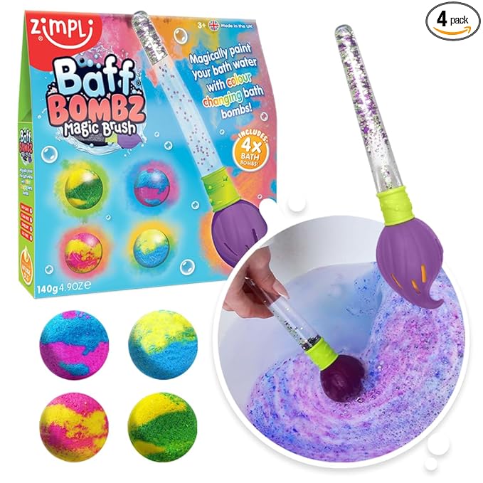 Baff Bombz Magic Brush, 4 x Bath Bombs, Magically Paint Your Bath Water, Creative Bath Toy for Children, Birthday Gifts for Boys & Girls, Pocket Money Toy, Moisturising Bath Fizzers