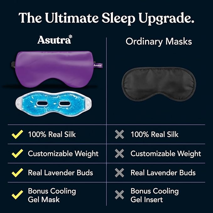 ASUTRA Silk Eye Pillow for Sleep, Champagne - Filled w/Lavender Buds & Flax Seeds, Weighted Eye Mask, Meditation & Light Blocking Blindfold, Cooling Gel Mask Included