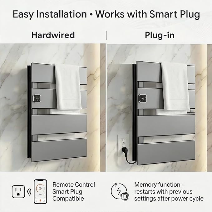 Electric Towel Warmer, Heated Towel Rack with Thermo Control and Timer, Fast Heating Towel Rail for Bathroom with Memroy Function, Work with Smart Plug, Left-Wiring, 4 Panel, Gun Gray