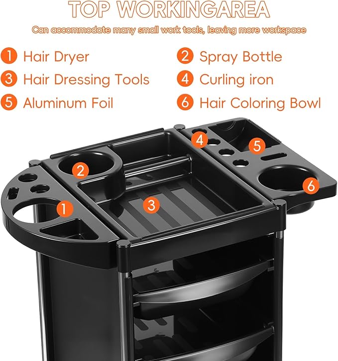 Hair Salon Storage Tool Cart Organizer for Hairdressing Beauty SPA Tattoo, 6-Layer Rolling Utility Cart with Drawer for Kitchen,Bathroom,Living Room,Office, Salon Stations for Hair Stylist Black