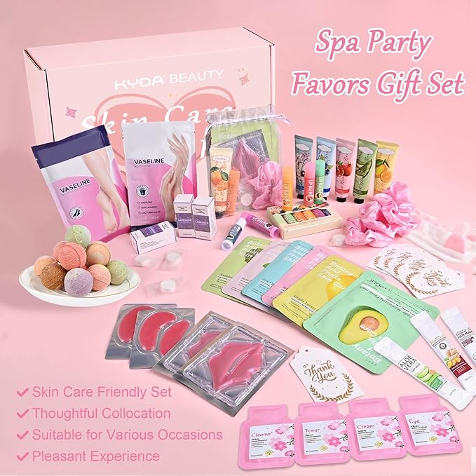 KYDA 132PCS SPA Party Supplies for Women, Include Face Masks, Hand Cream, Lip Balm, Under Eye Patches, Lip Mask, Foot Bath Bomb, Hair Tie and Hair Band, Spa Birthday Sleepover Party Supplies for Girl