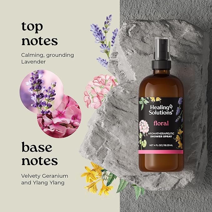 Healing Solutions Aromatherapy Shower Spray, Floral Blend, 4oz, Therapeutic Grade Essential Oils, Made in the USA, At Home Spa Experience