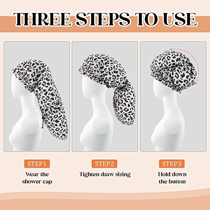 2 Pcs Large Shower Cap for Braids, Extra Long Shower Cap for Women Long Hair & Locs, Waterproof Hair Bonnets for Dreadlocks Drawstring Bath Caps for Women & Men (Leopard, Cow Print)