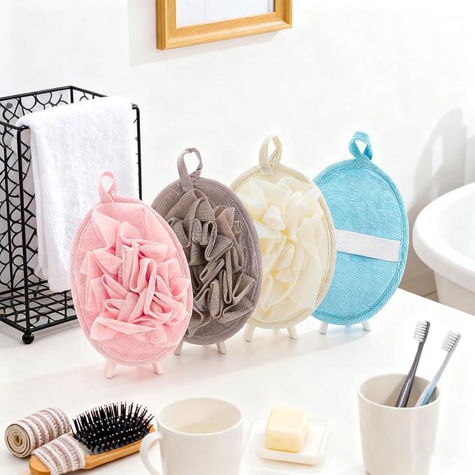 4 PCS Exfoliating Bath Sponges Soft Loofah Shower Scrubber with Elastic Hand Strap for Women Men Gentle Skin Cleansing Body Wash Towel Pouf Pink, Blue, White, Gray
