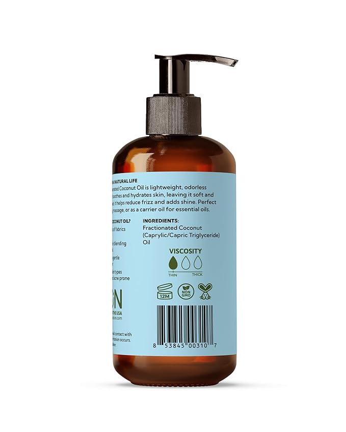 Best of Nature Fractionated Coconut Oil for Face, Hair & Massage – 100% Pure Liquid Coconut Oil for Skin, Unscented Carrier Oil for Essential Oils, Lightweight Body Oil, 8 fl oz Pump Bottle