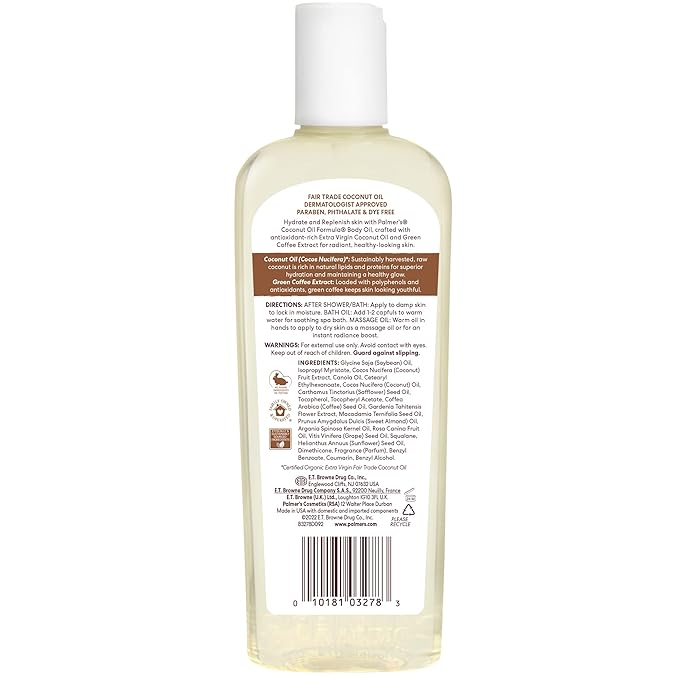 Palmer's Coconut Oil Formula Body Oil, Body Moisturizer with Green Coffee Extract, Bath Oil for Dry Skin, 8.5 Ounces (Pour Cap)