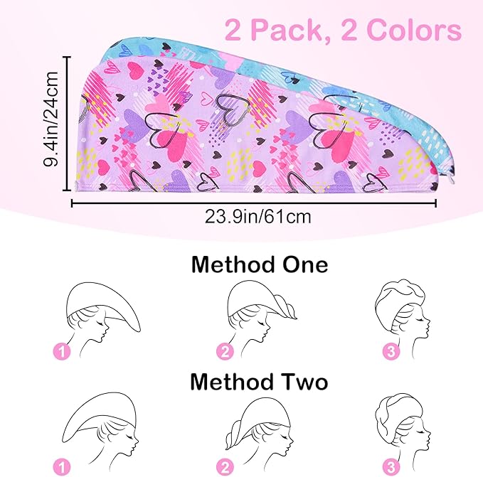 Basumee Microfiber Hair Towel Wrap for Kids 2 Pack Rapid Drying Hair Towel with Button Hair Turbans for Wet Hair Wraps Head Towel Wrap for Women and Girls, Blue and Purple Love