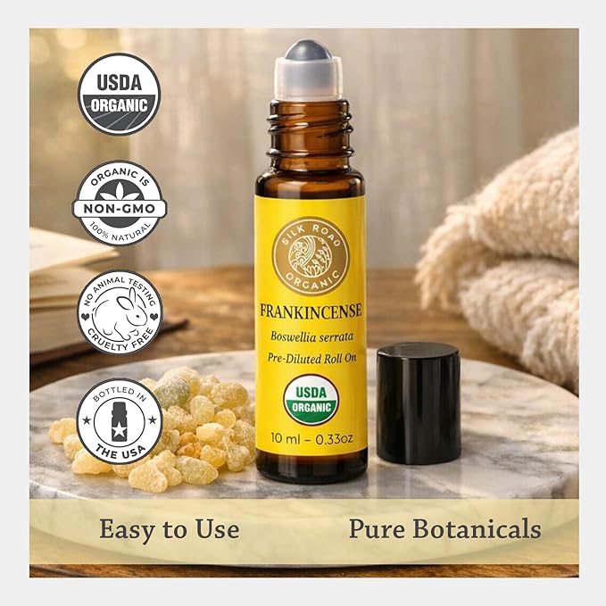 Silk Road Organic Frankincense Serrata Essential Oil Roll on for Deep Relief of Body Aches & Stiffness | USDA Certified Aromatherapy Roller (10 ml)