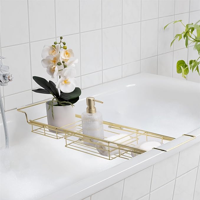 Navaris Gold Wire Bath Tray - Adjustable Bath Caddy - Organiser Trays for Bathtub - Extendable Bath Toy Storage Shelf for Across The Bath - Robust & Easy to Clean Over Bath Rack