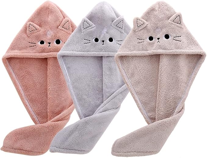 Cute Cat Microfiber Hair Towel Wrap for Kids,3 Packs Hair Drying Towels Rapid Dry Hair Turban Funny Twist Hair Towel for Women Girls Kids Curly Long Hair(Cat)