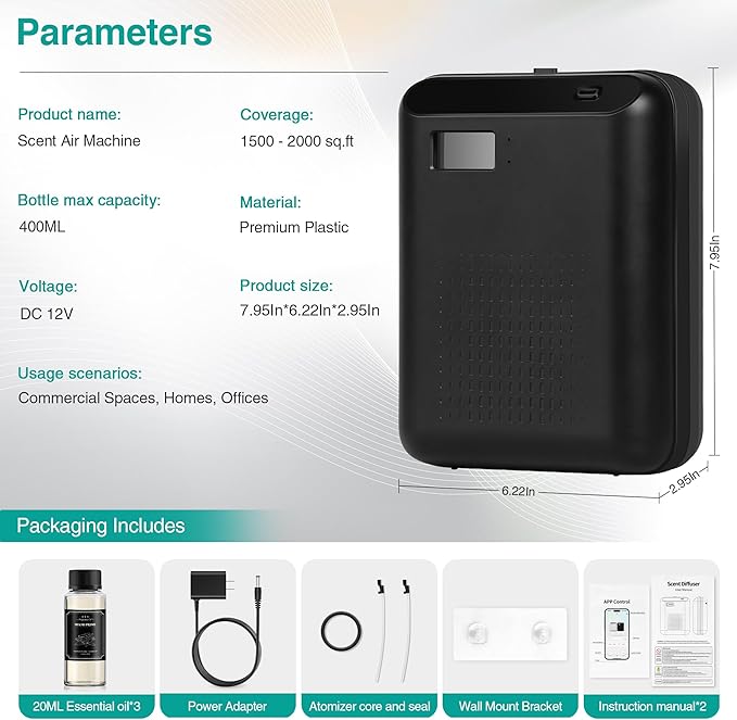 Scent Air Machine Starter Kit – Waterless Diffuser for Home & Commercial Use, Hotel Scent Diffuser Includes 100ml Essential Oil, WiFi/Bluetooth Control, 2000 sq.ft Coverage, Wall-Mount & Desktop,Black