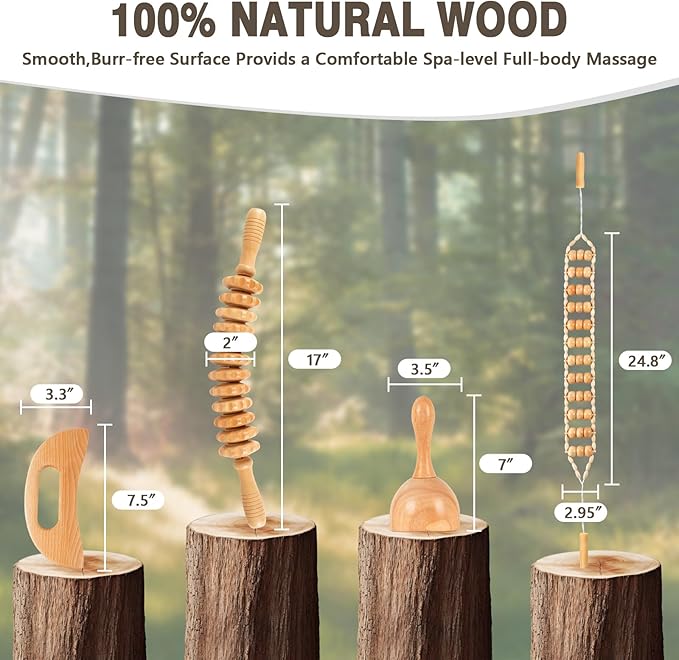 KintKita Wood Therapy Massage Tools 4-in-1, Wooden Lymphatic Drainage Massager Body Cellulite Remover, Professional Maderoterapia Kit Cellulite Massager for Body Sculpting,Contouring,Relief Muscle