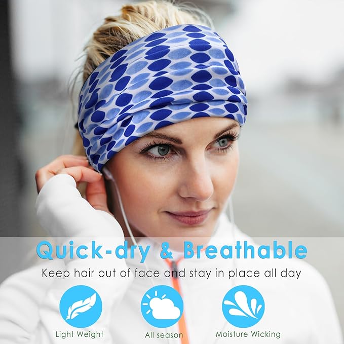 HAUHC Extra Wide Headbands for Women, 7'' Large Cotton Like Turban Knotted Bandana Head Bands for Women Non Slip, Boho Headbands for Women's Hair (6PCS Print 1, average size)