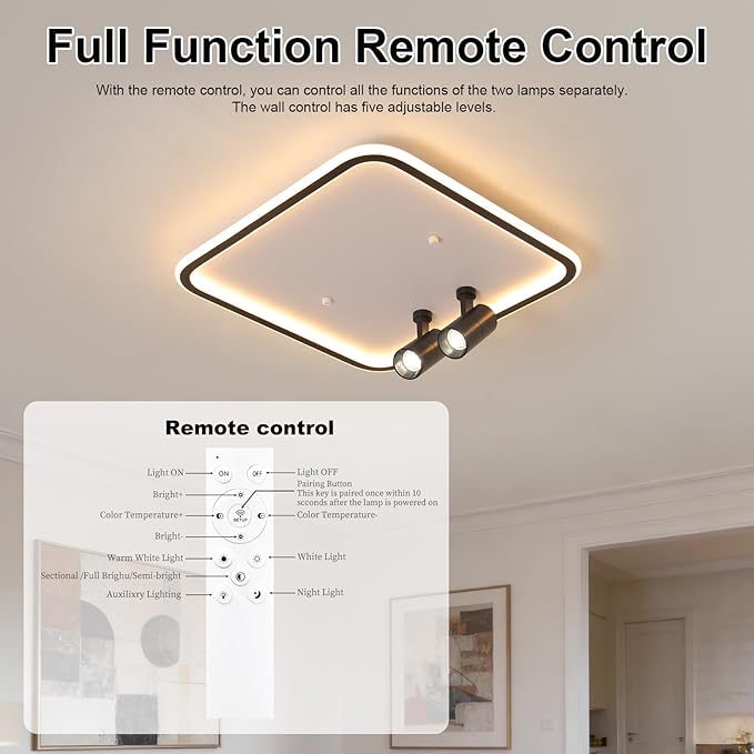 Shine LUEST Modern Square LED Flush Mount Ceiling Light Fixture, 2 Adjustable Spotlights, Black Frame White Shade Minimalist Lighting for Living Room Bedroom Kitchen